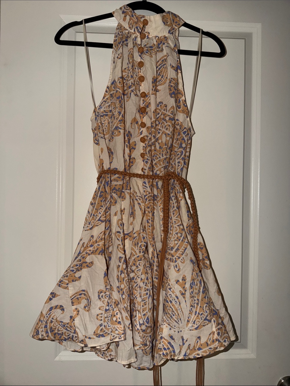 Vintage Zara Boho Paisley Mini Dress with Tan Rope Belt